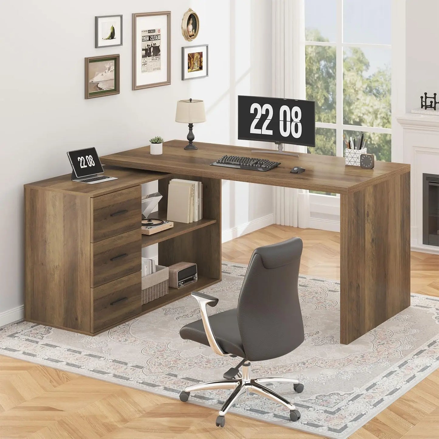 White L Shaped Desk with Drawers Shelves, 360 Rotating Office Computer Desk with Storage Cabinet, Corner Home, Customized