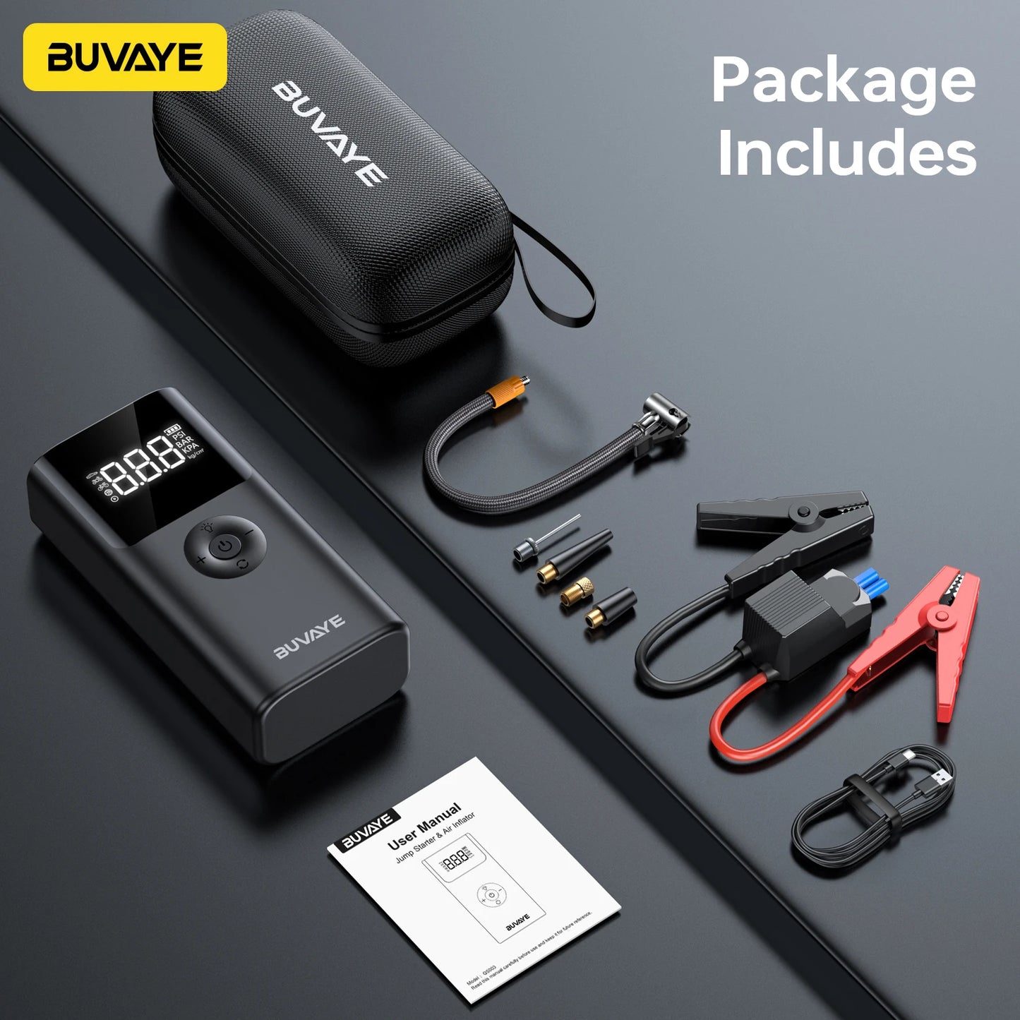 BUVAYE 12V Jump Starter With 150 PSI Air Compressor