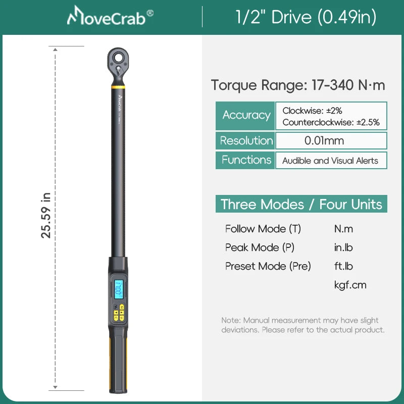 MOVECRAB Digital Torque Wrench 1-340N.m 2% Accuracy Preset & LED/Buzzer Alerts for Bike Motorcycles Automotive Mechanical Tool