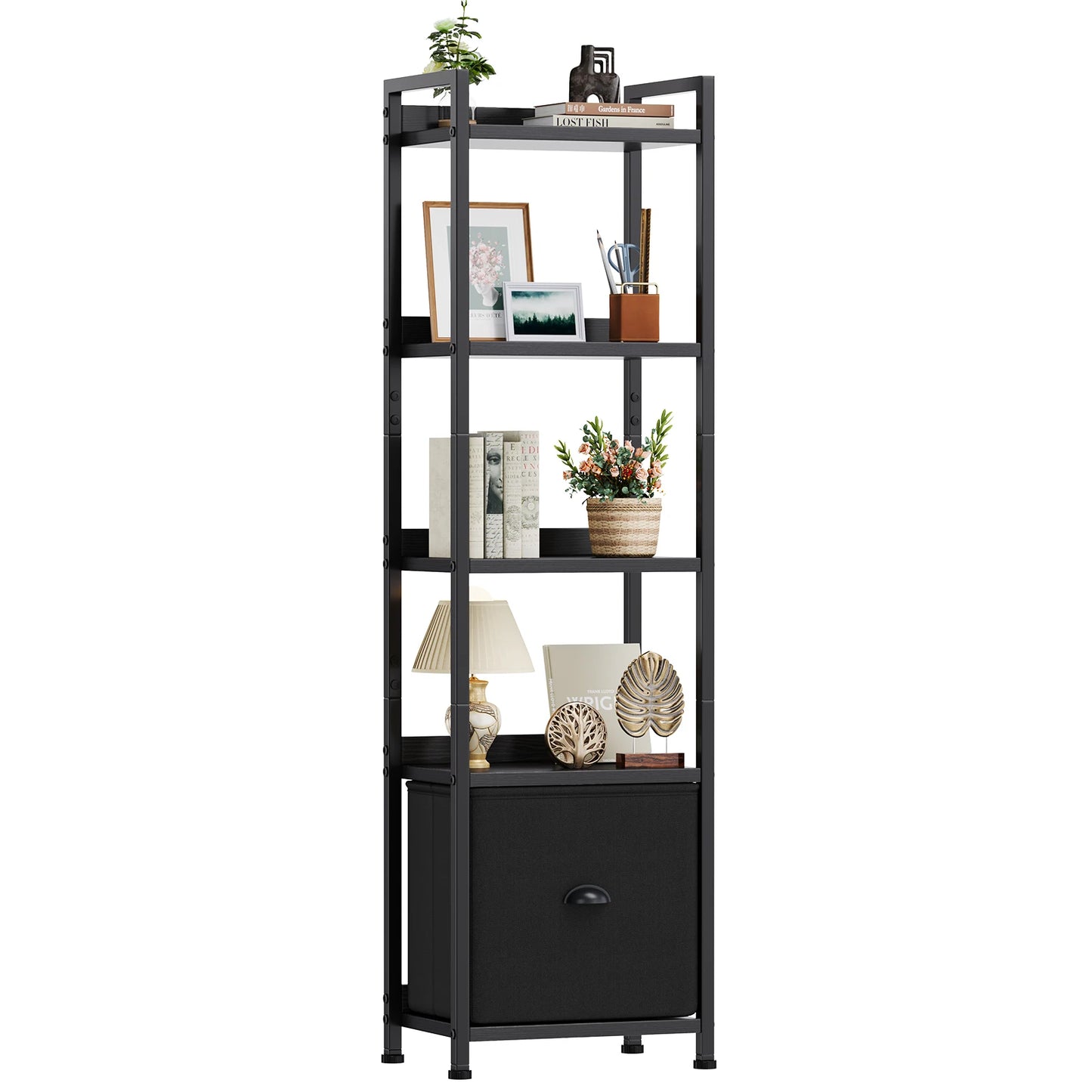 JHK Wood 5 Tier Bookshelf with 1 Fabric Drawer Multi-Functional Display Standing Shelf for Books Movies and Storage Organizer