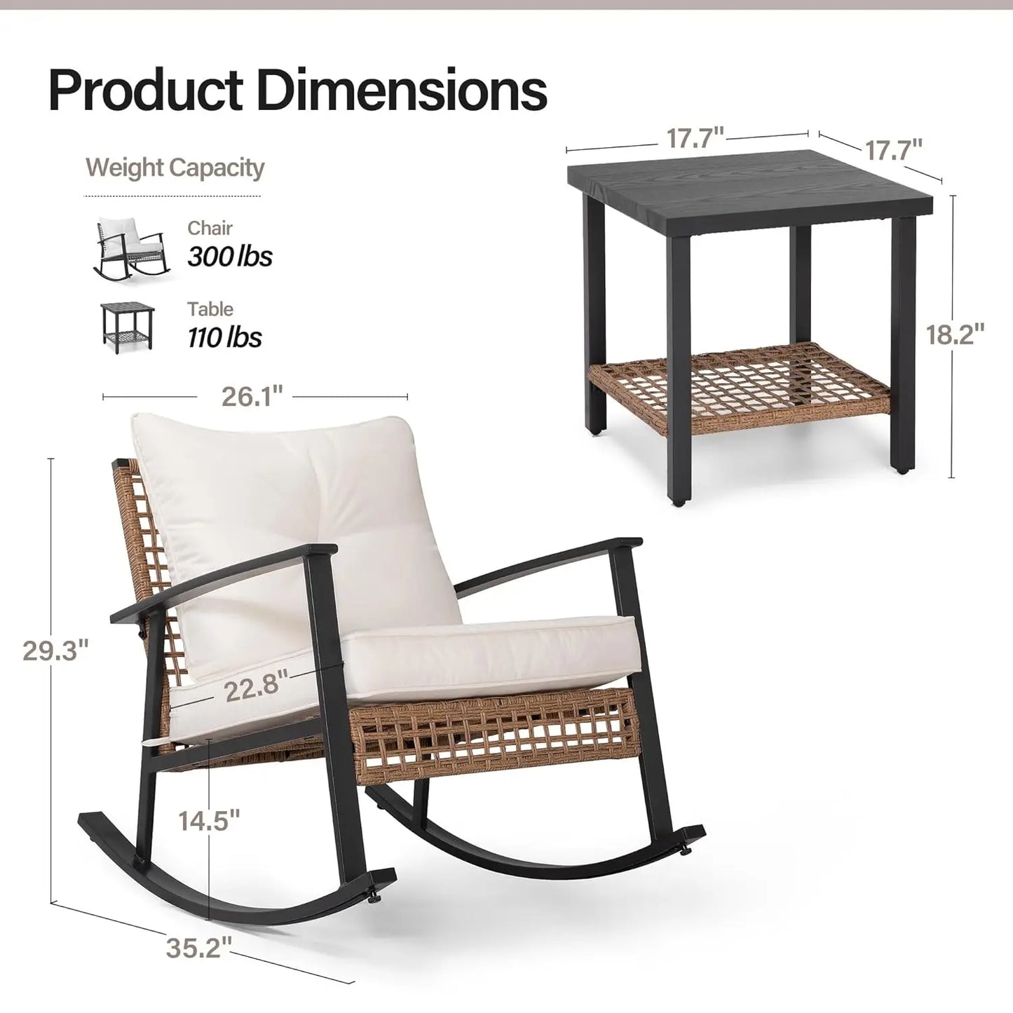 3-Piece Rocking Bistro Set, Outdoor Patio Furniture with Thick Cushions and 2-Tier Coffee Table, Oversize Rattan, Customized