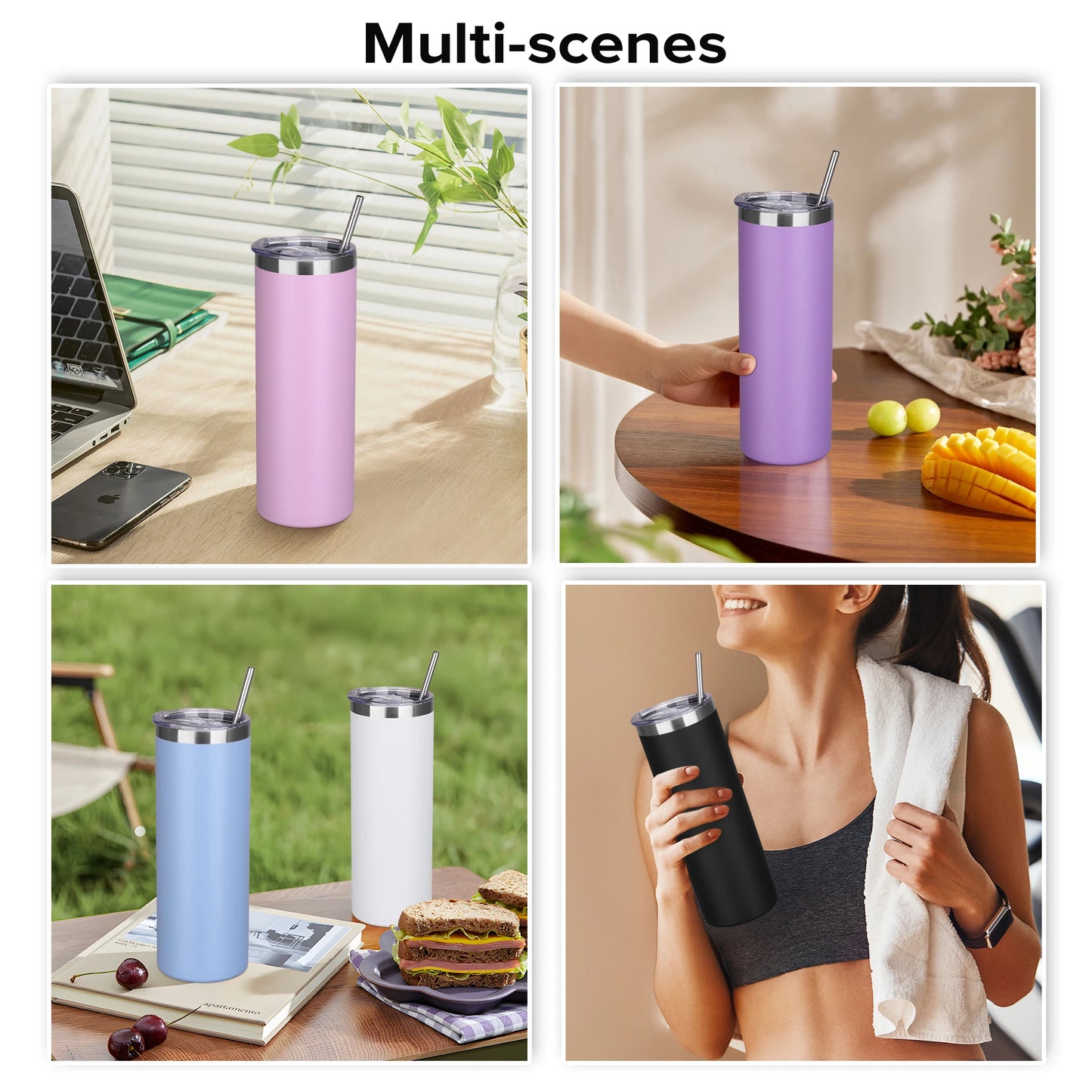 20 Pack 20 oz Skinny Powder Coated Stainless Steel Insulated Slim Tumbler,with Lid and Straw ,for Laser Engrave,DIY Gift