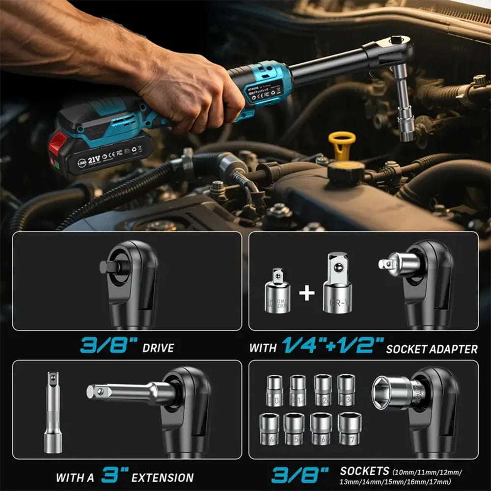 Seesii 3/8'' 80Nm Cordless Electric Wrench 6'' Extended Ratchet Wrench Electric Angle Wrench Driver Auto Repair Tools Set 12V