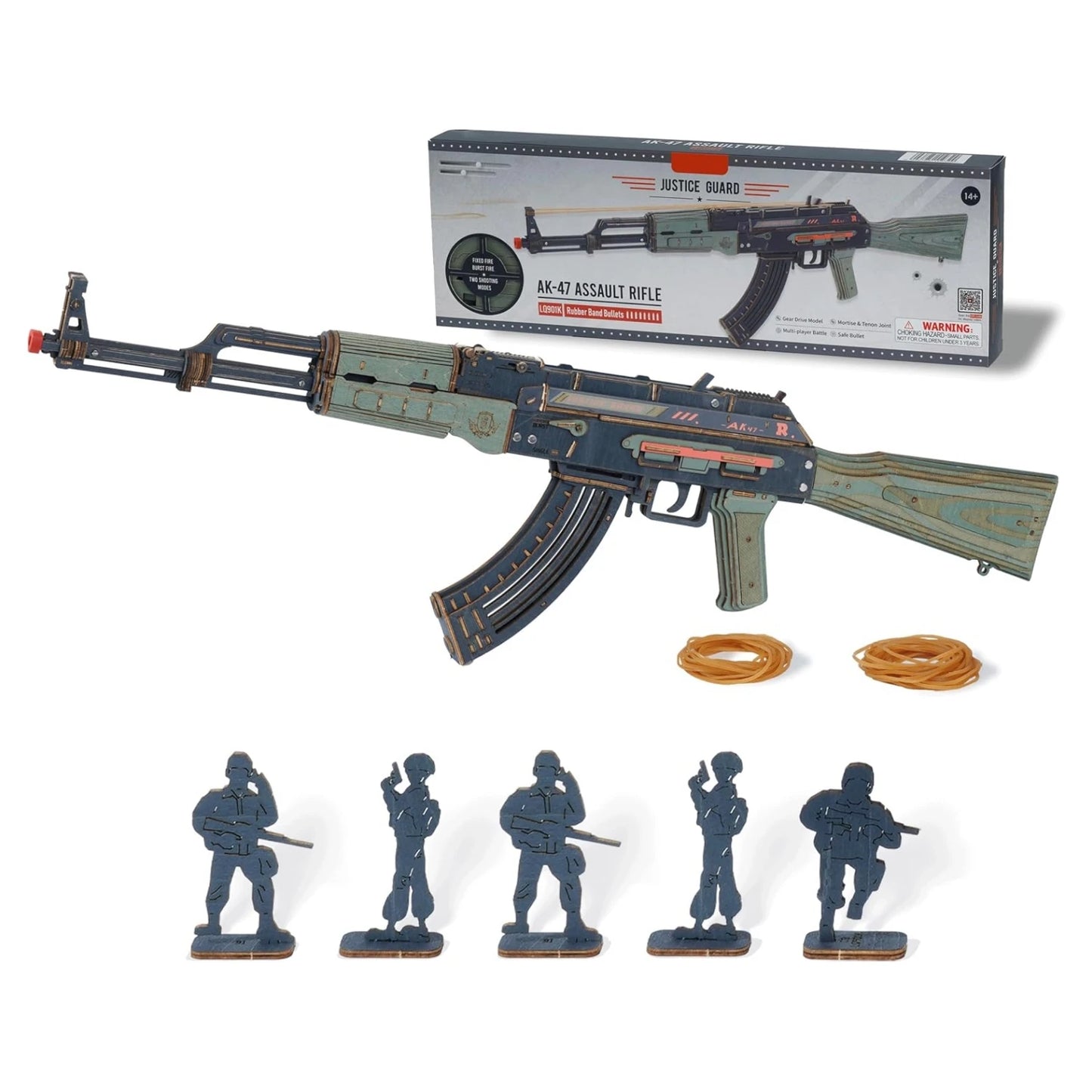 ROKR AK47 wooden rifle model toy, DIY rubber band gun, 3D wooden model assembly kit, single shot/burst mode