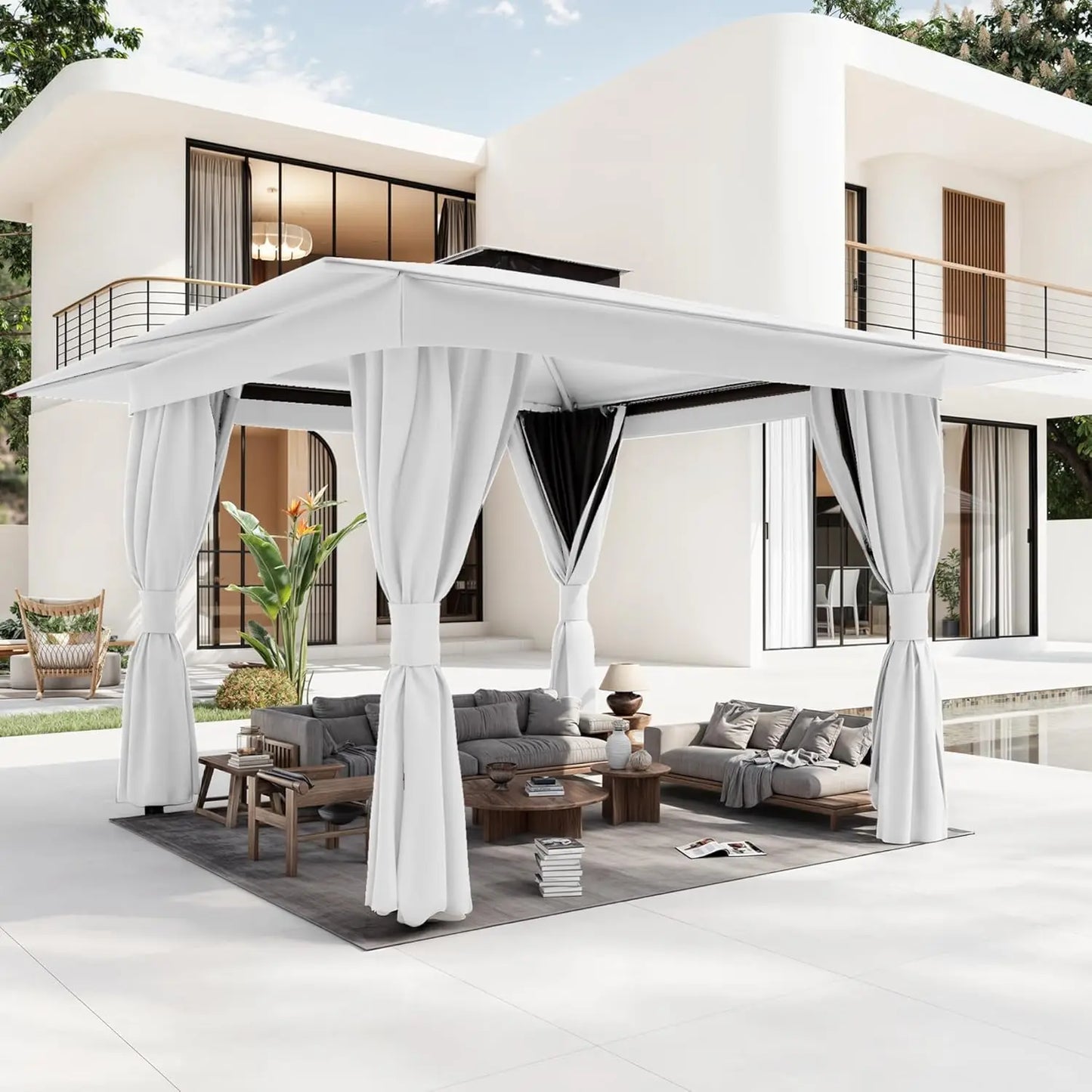 10'x10' Outdoor Gazebo Kahaki for Patio, Heavy Duty Party Tent with Double Roofs, Outdoor Canopy with Curtains and, Custom