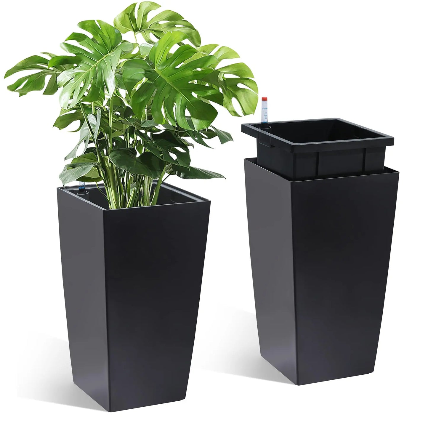 15.7"/22.5" Tall Planters Set Of 2, Self Watering Indoor Outdoor Front Porch Planter Pots With Drainage & Monitor Bucket