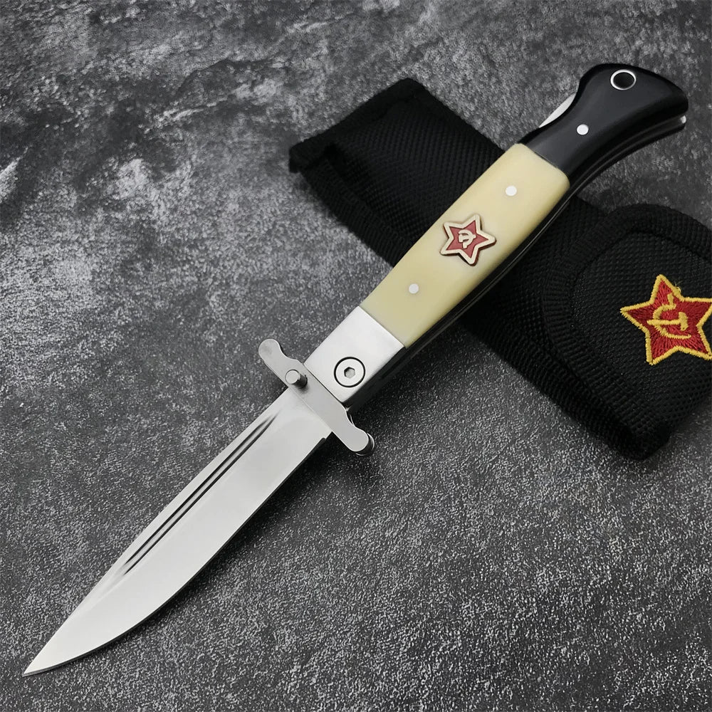 NKVD Tactical Folding Knife, Water Drop Mirror Blade, Beige Resin/Black Ebony Handle, with Nylon Sheath Outdoor Hunting EDC Tool