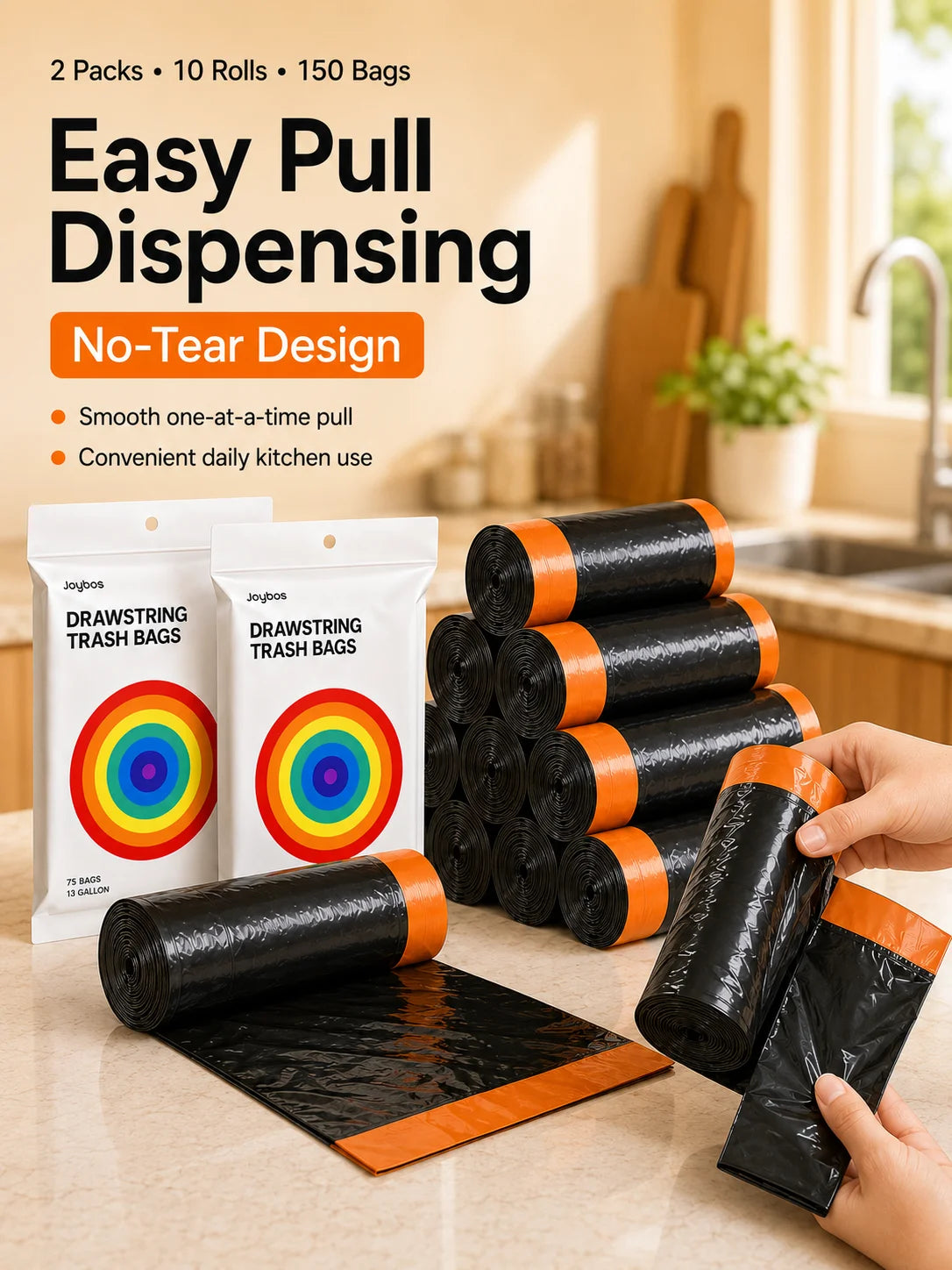 Joybos Easy Pull Drawstring Trash Bags, Thickened PE Kitchen & Bathroom Garbage Bags, 2 Packs 150 Count