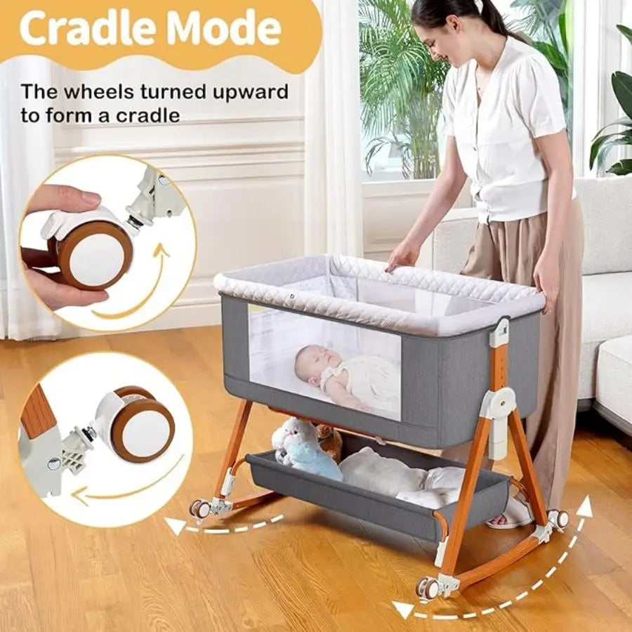 Baby Bassinet Portable Bedside Bassinet for Baby 3 in 1 Foldable Crib Travel Baby Crib Rocking 6 Adjustable Height with Wheels