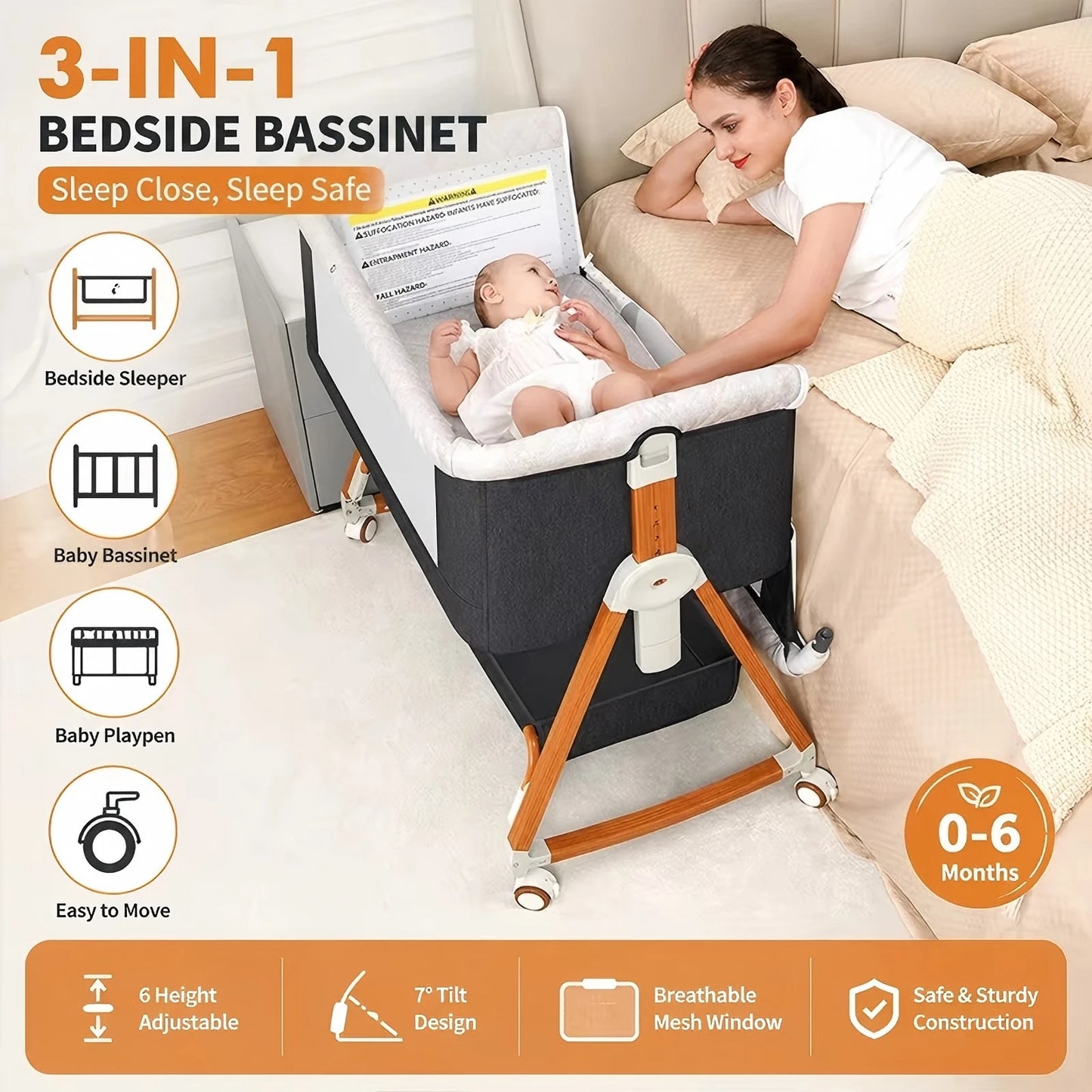 Baby Bassinet Portable Bedside Bassinet for Baby 3 in 1 Foldable Crib Travel Baby Crib Rocking 6 Adjustable Height with Wheels