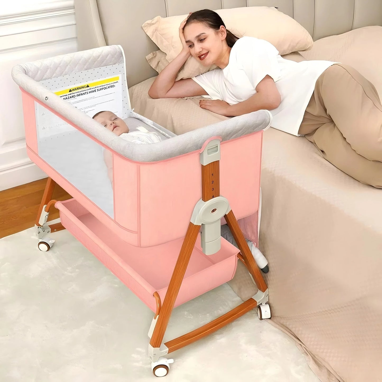 Baby Bassinet Portable Bedside Bassinet for Baby 3 in 1 Foldable Crib Travel Baby Crib Rocking 6 Adjustable Height with Wheels