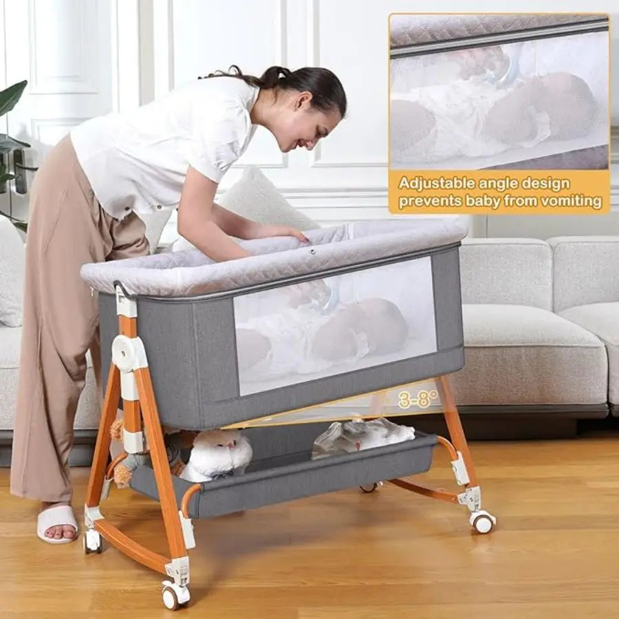 Baby Bassinet Portable Bedside Bassinet for Baby 3 in 1 Foldable Crib Travel Baby Crib Rocking 6 Adjustable Height with Wheels