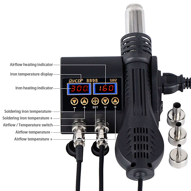 2 in 1 750W Hot Air Gun LCD Digital Display Welding Rework Station for Cell-phone BGA SMD IC Repair Soldering Iron Station 8898
