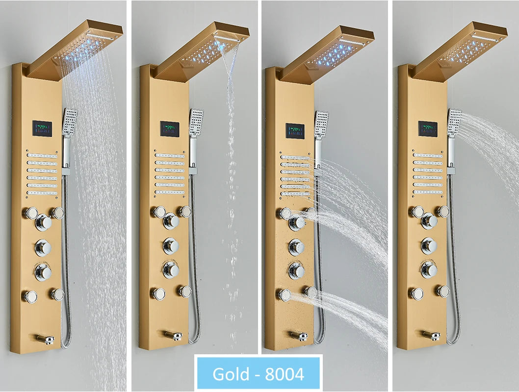 LED Shower Panel Tower System Rain Waterfall Shower Column Hydroelectricity LCD Display With Massage Body Spa Bath Shower Faucet