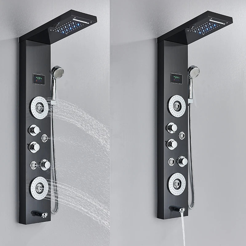 LED Shower Panel Tower System Rain Waterfall Shower Column Hydroelectricity LCD Display With Massage Body Spa Bath Shower Faucet