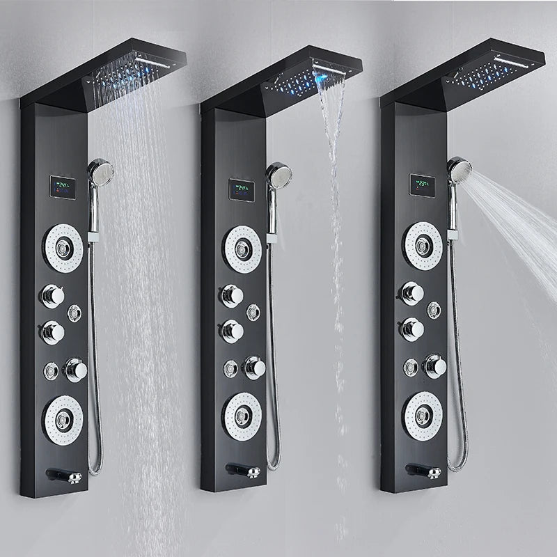 LED Shower Panel Tower System Rain Waterfall Shower Column Hydroelectricity LCD Display With Massage Body Spa Bath Shower Faucet