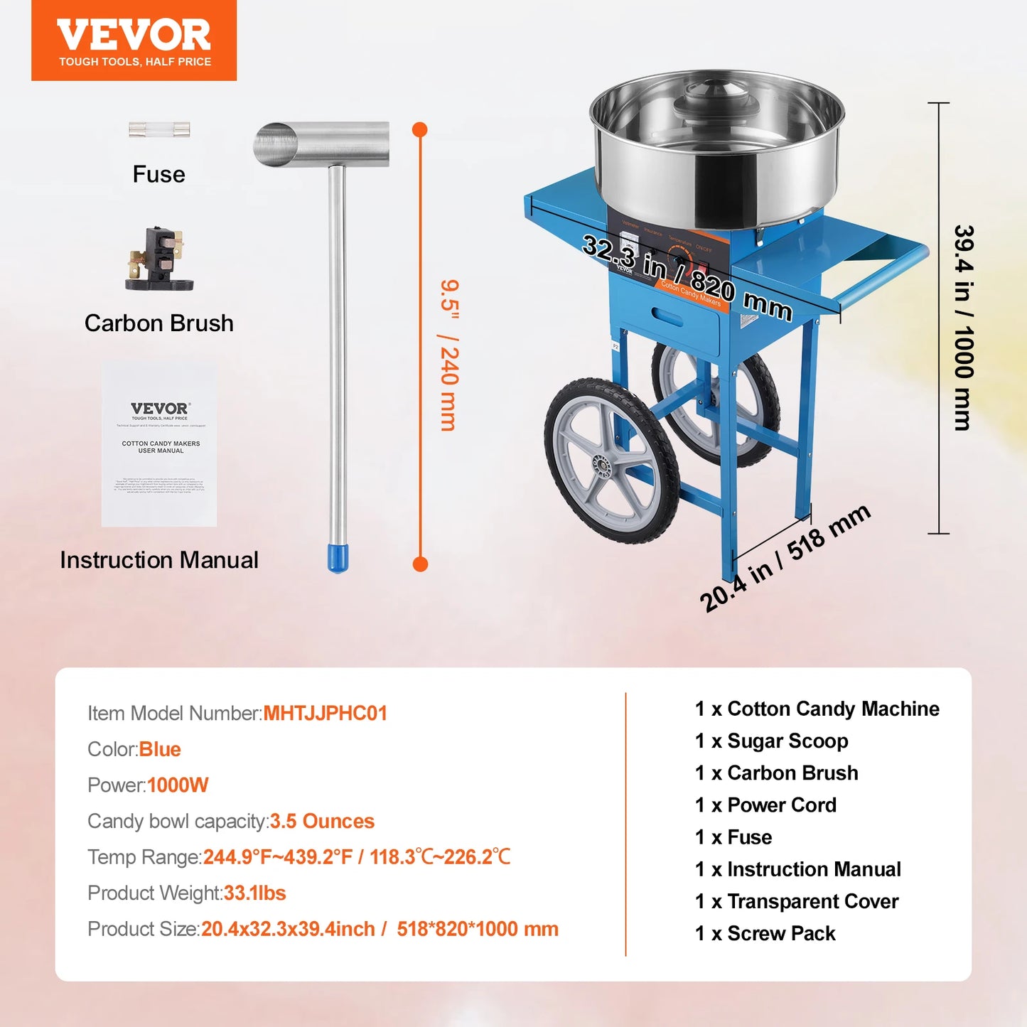 SucceBuy Electric Cotton Candy Machine with Cart Commercial Candy Floss Maker with Stainless Steel Bowl Sugar Scoop and Drawer