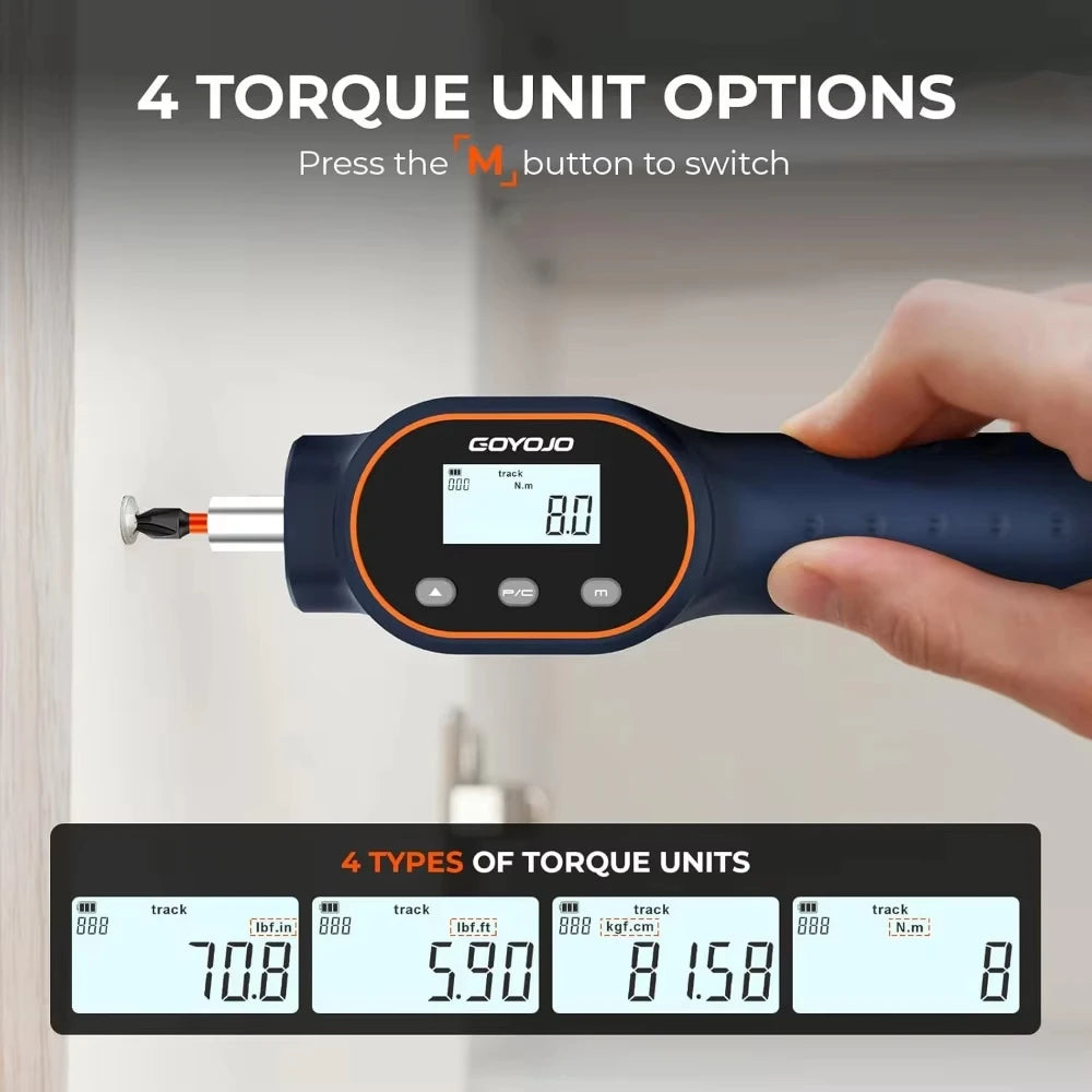 GOYOJO Torque Screwdriver Digital 7.08–70.8 in-lb / 0.8–8 Nm, 1/4" Adjustable Screwdriver Torque Wrench Set with Buzzer/Magnetic Bits Notification for Bike Repairing, Tools, Maintenance and Mounting