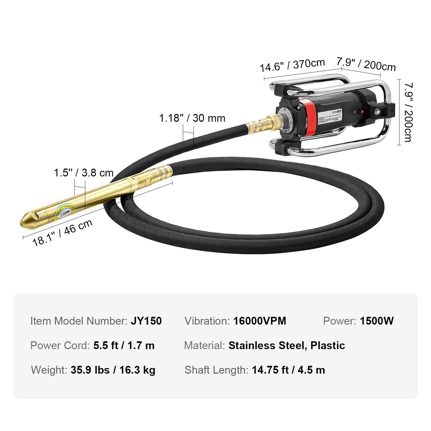 SucceBuy Electric Concrete Vibrator 1300W 16000 VPM 2HP Copper Motor Handheld Portable Pencil Remove Air Bubble and Level