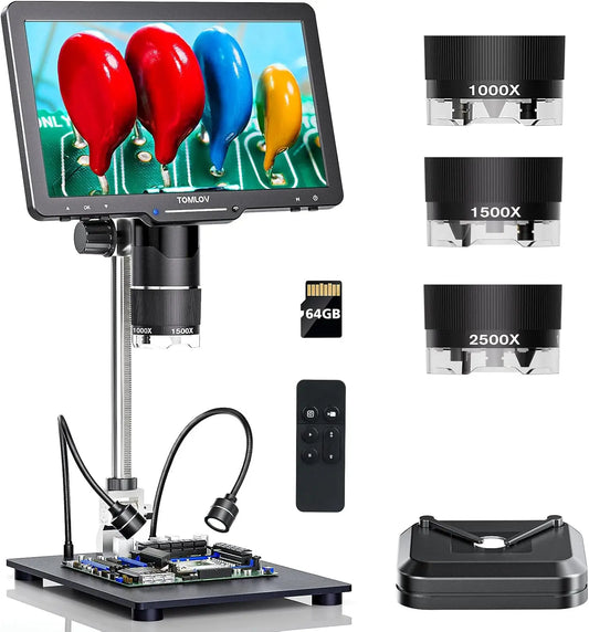 TOMLOV TriL110 3-Lens 2K Digital Microscope 2500X HDMI Coin Microscopes Magnifier 10.1" IPS Screen for  Coins Soldering Tools