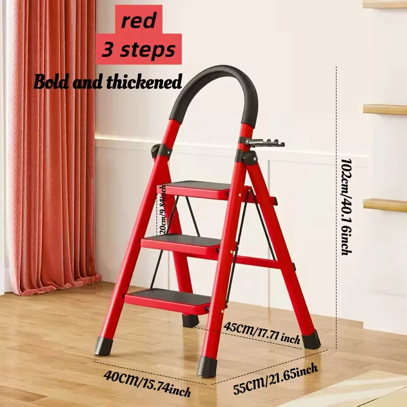 Red 3-Step Foldable Ladder with Tool Shelf & Anti-Slip Foot Pads - Reinforced Steel Frame, Glue Cotton Handle, Compact Storage for Home, Office & DIY Projects