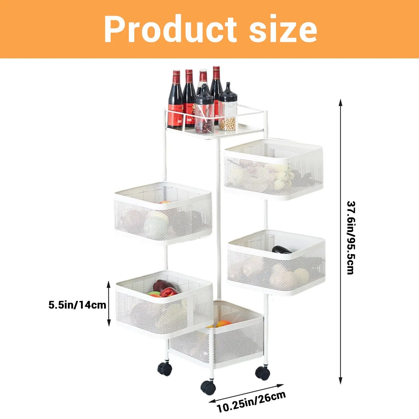 5-Tier Rolling Storage Cart with Rotating Baskets, Fruit & Vegetable Baskets Rotating Snack Rack for Kitchen Bathroom Craft Room