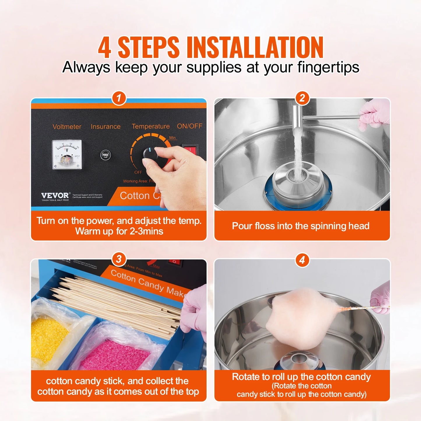 SucceBuy Electric Cotton Candy Machine with Cart Commercial Candy Floss Maker with Stainless Steel Bowl Sugar Scoop and Drawer