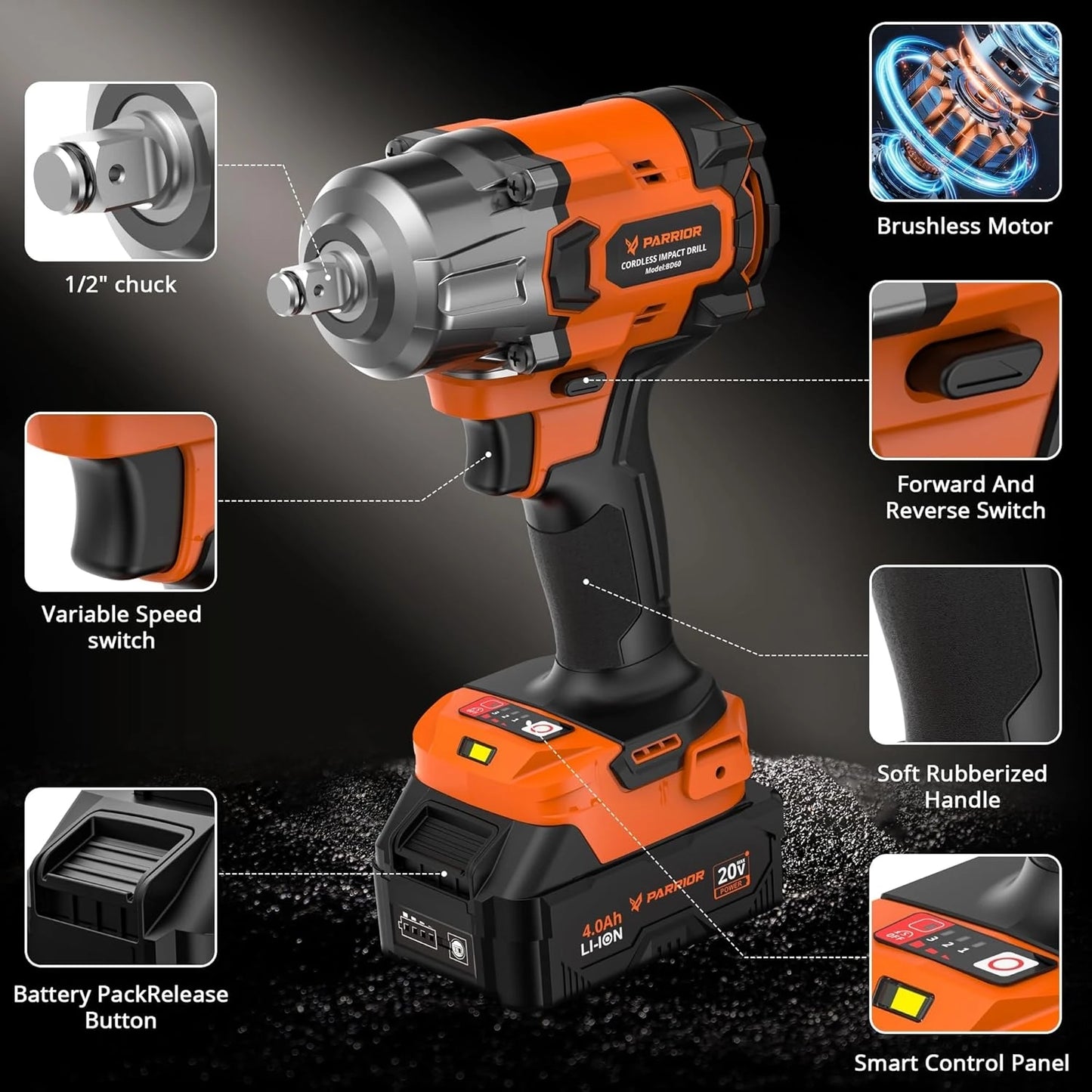 Impact Wrench 3-Speed Torque (380/600/900N.m) 1/2" Chuck + 3/8" Adapter 4Ah Battery & 2.0A Fast Charger (60min Charge) 6 Sockets Included – For Automotive Repair Heavy-Duty Tasks DIY