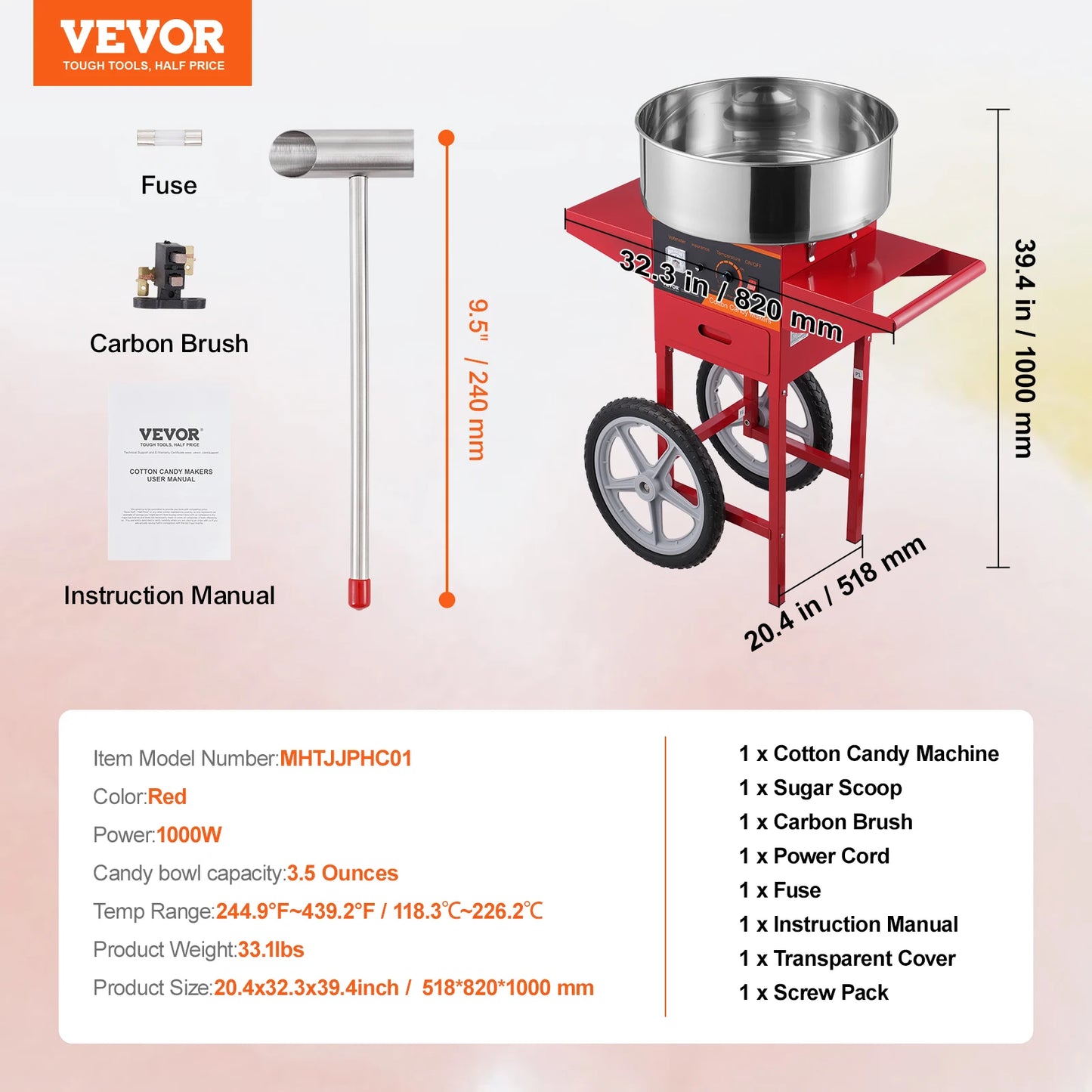 SucceBuy Electric Cotton Candy Machine with Cart Commercial Candy Floss Maker with Stainless Steel Bowl Sugar Scoop and Drawer