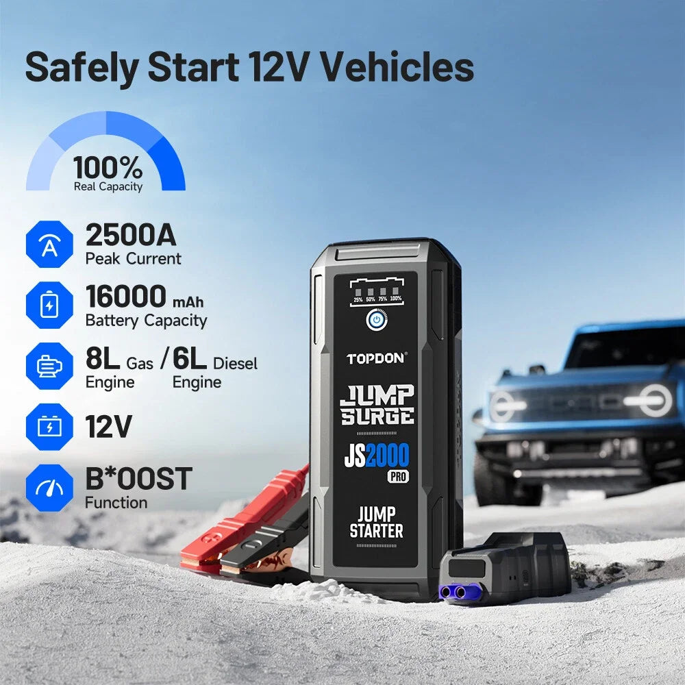 Topdon JS2000 pro/JS1500/JS1200pro 2500/1800/1200A Jump Starter Power Bank 12V Car Starting Device 16000Mah Battery for Booster