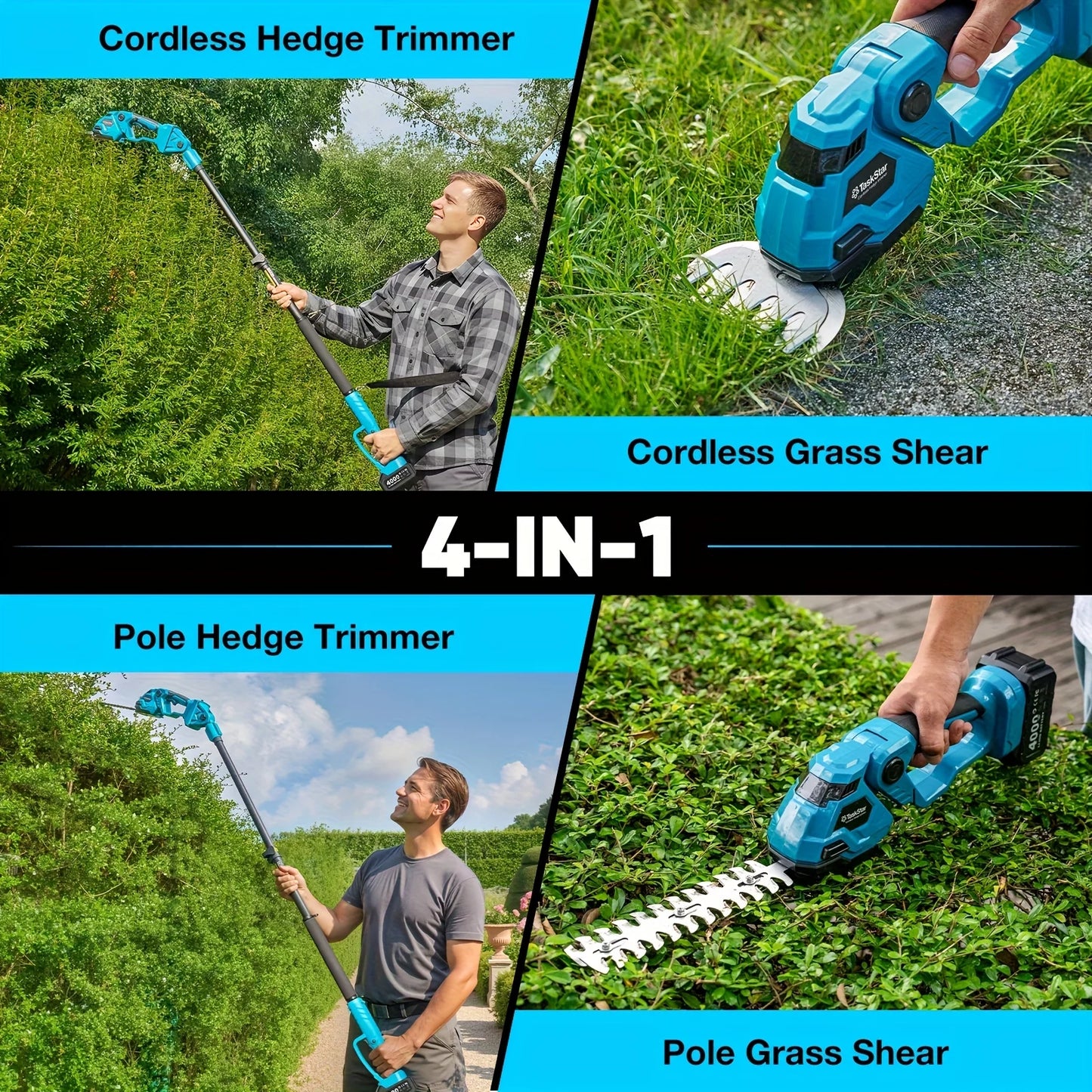 TaskStar 3-in-1 Cordless Telescopic Pole Hedge Trimmer&Electric Grass Shears&Hedge Clippers For Garden Weed Bush Tree Branches