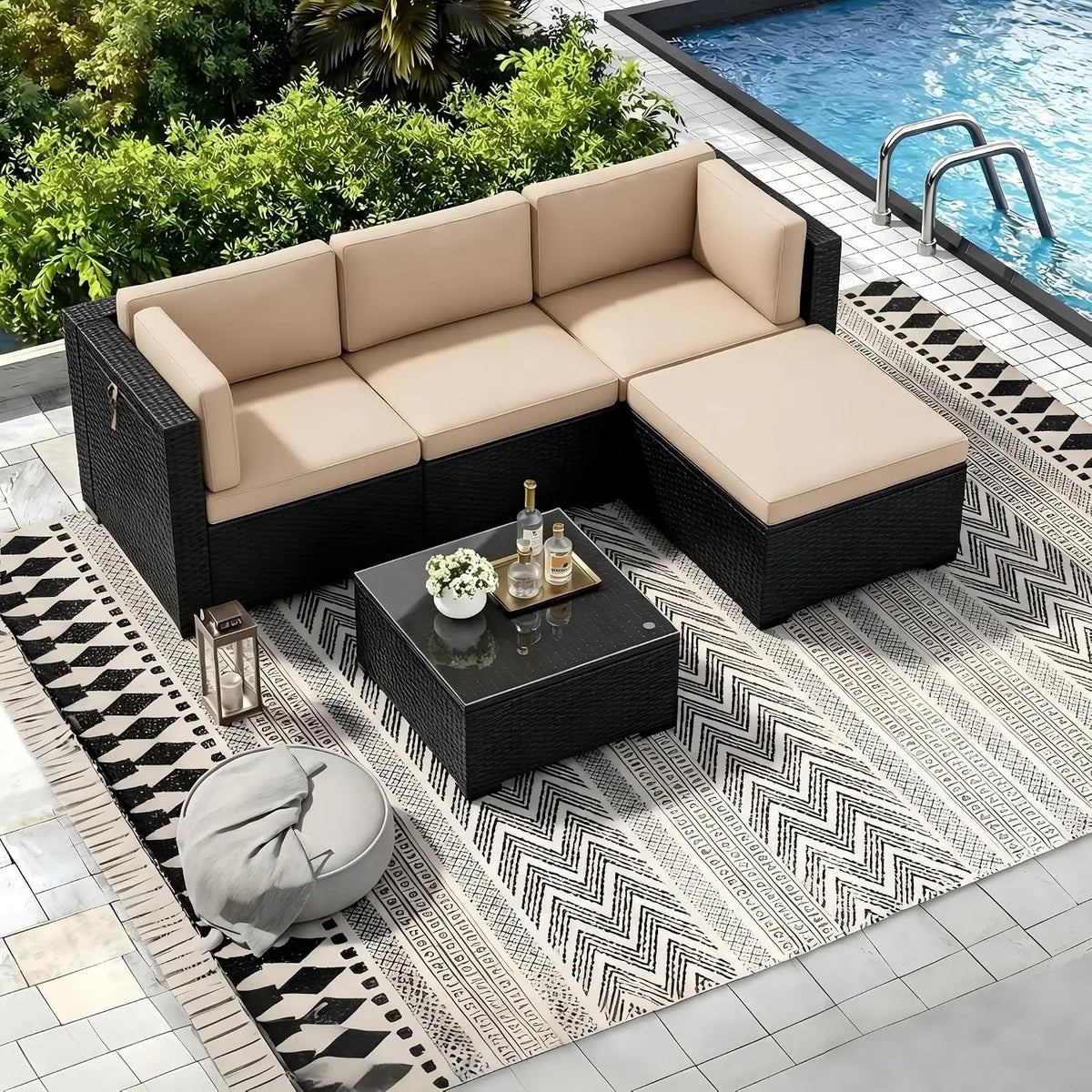 Outdoor All Weather Rattan 5 Piece Patio Sectional Sofa Set