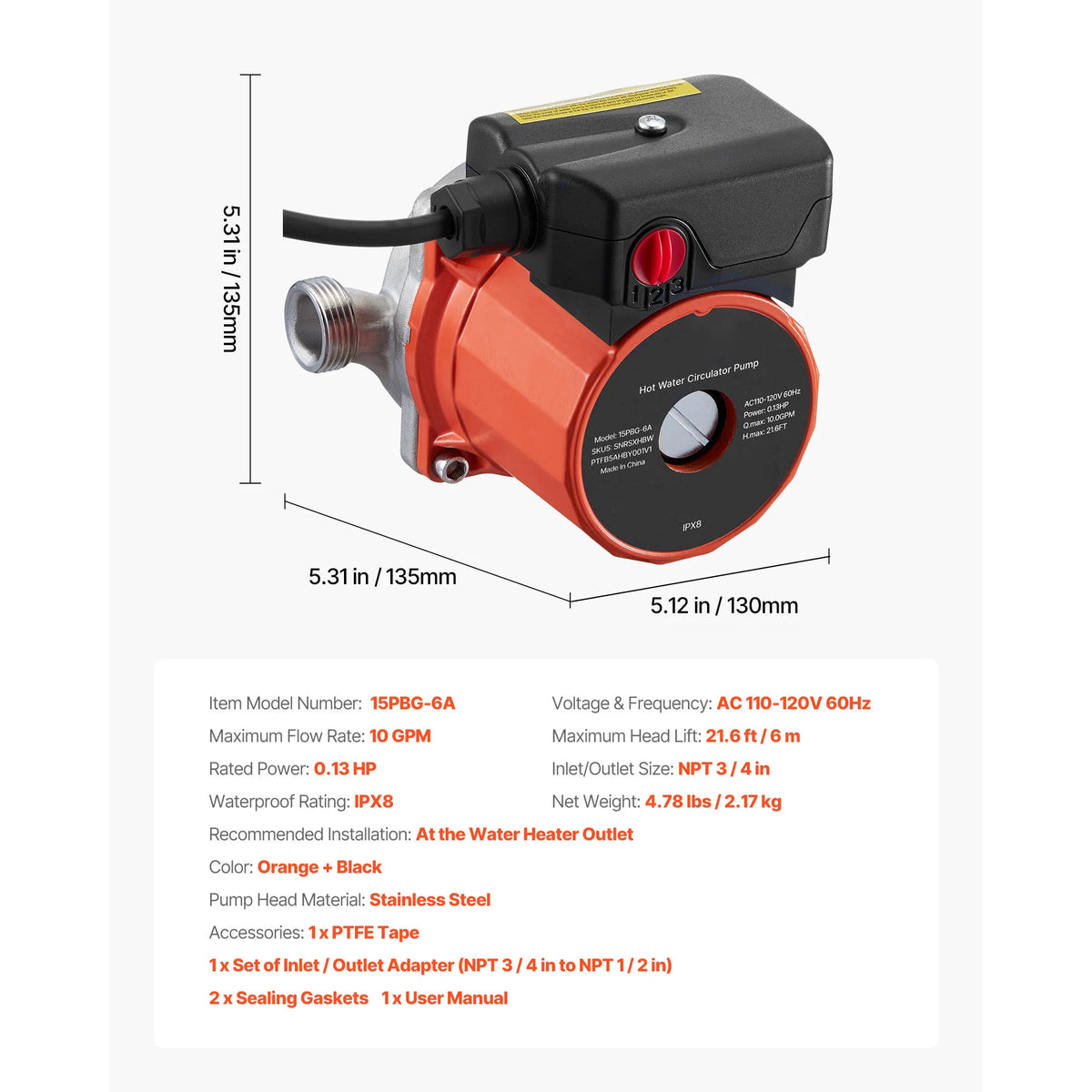 SucceBuy Hot Water Recirculating Pump With 3 Speed Control