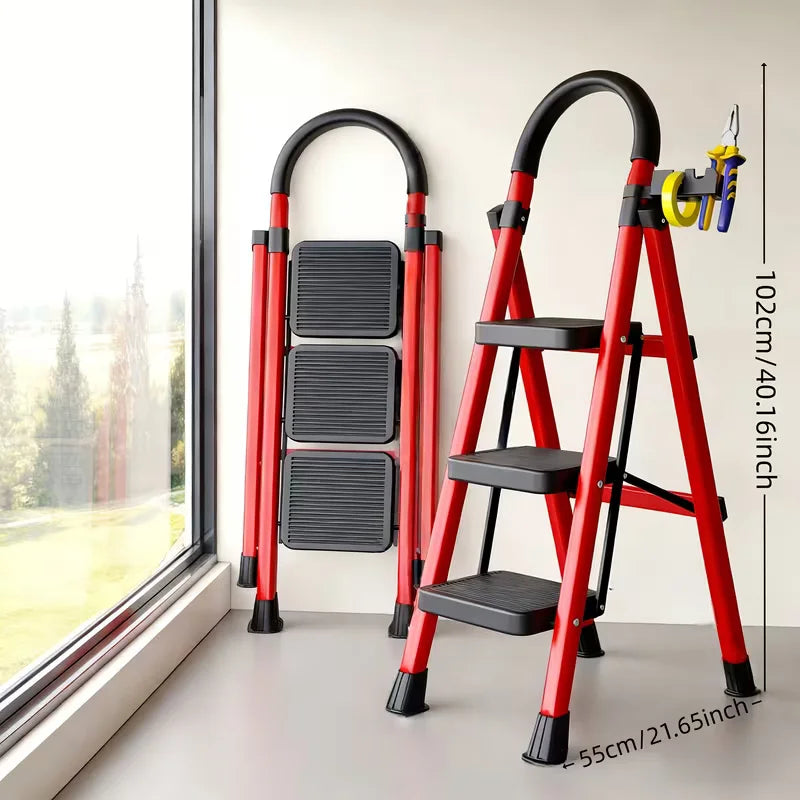 Red 3-Step Foldable Ladder with Tool Shelf & Anti-Slip Foot Pads - Reinforced Steel Frame, Glue Cotton Handle, Compact Storage for Home, Office & DIY Projects