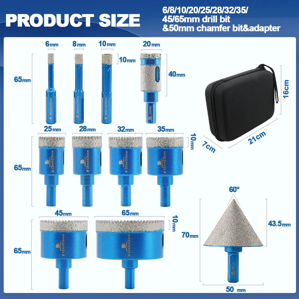 BRSCHNITT Diamond Drill Bits Set 11Pcs Ceramic Marble Granite Chamfer Drill Bit Milling Cutter, Hole Saw Drill Core Bit Kit for Tile Stone Concrete Glass Porcelain Quartz Drilling Cutting Chamfering Hole Making DIY Power Tool