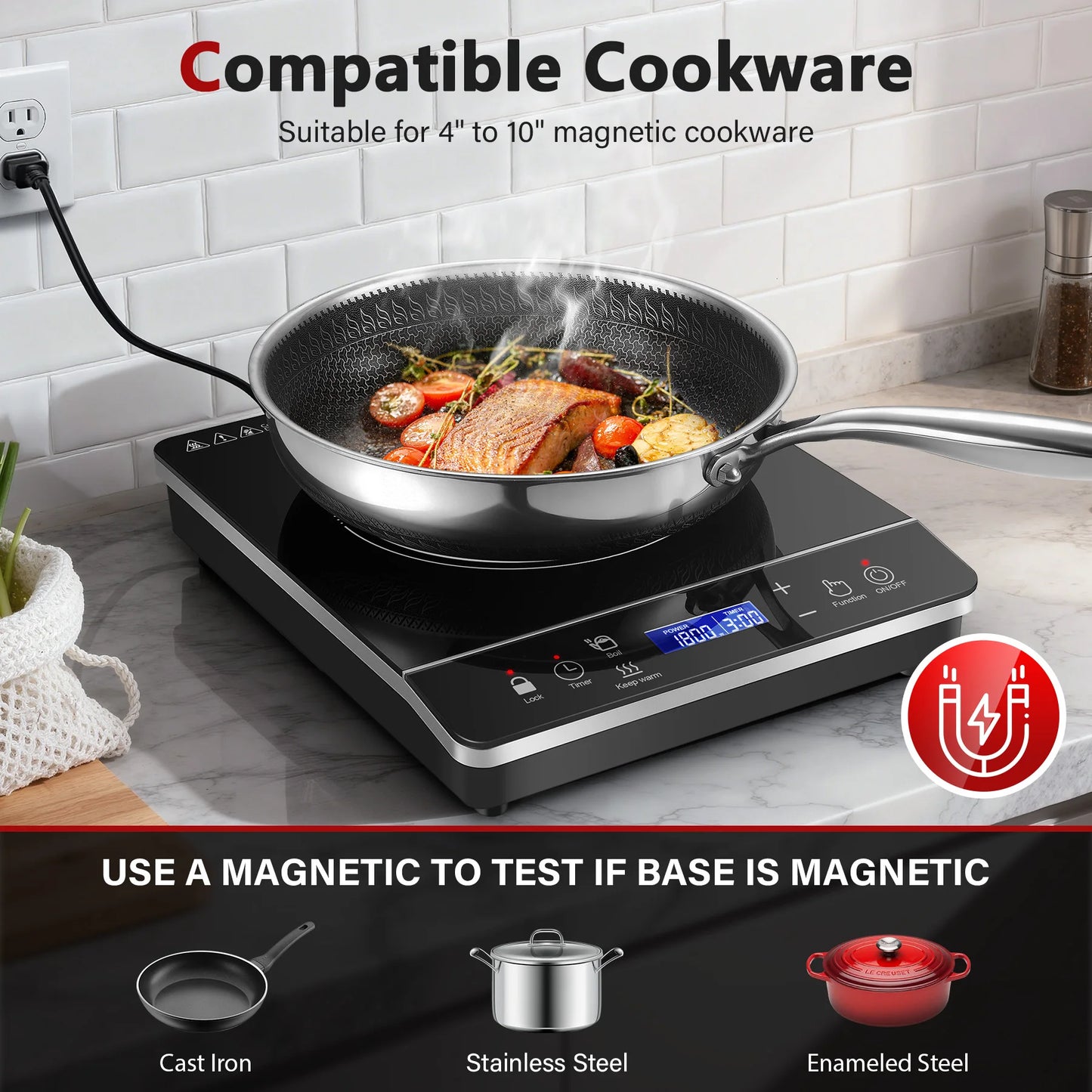 Portable Induction Cooktop 1800W, 20 Modes, 3H Timer, Touch Control, Child Lock, Auto Shut-off, ETL Certified