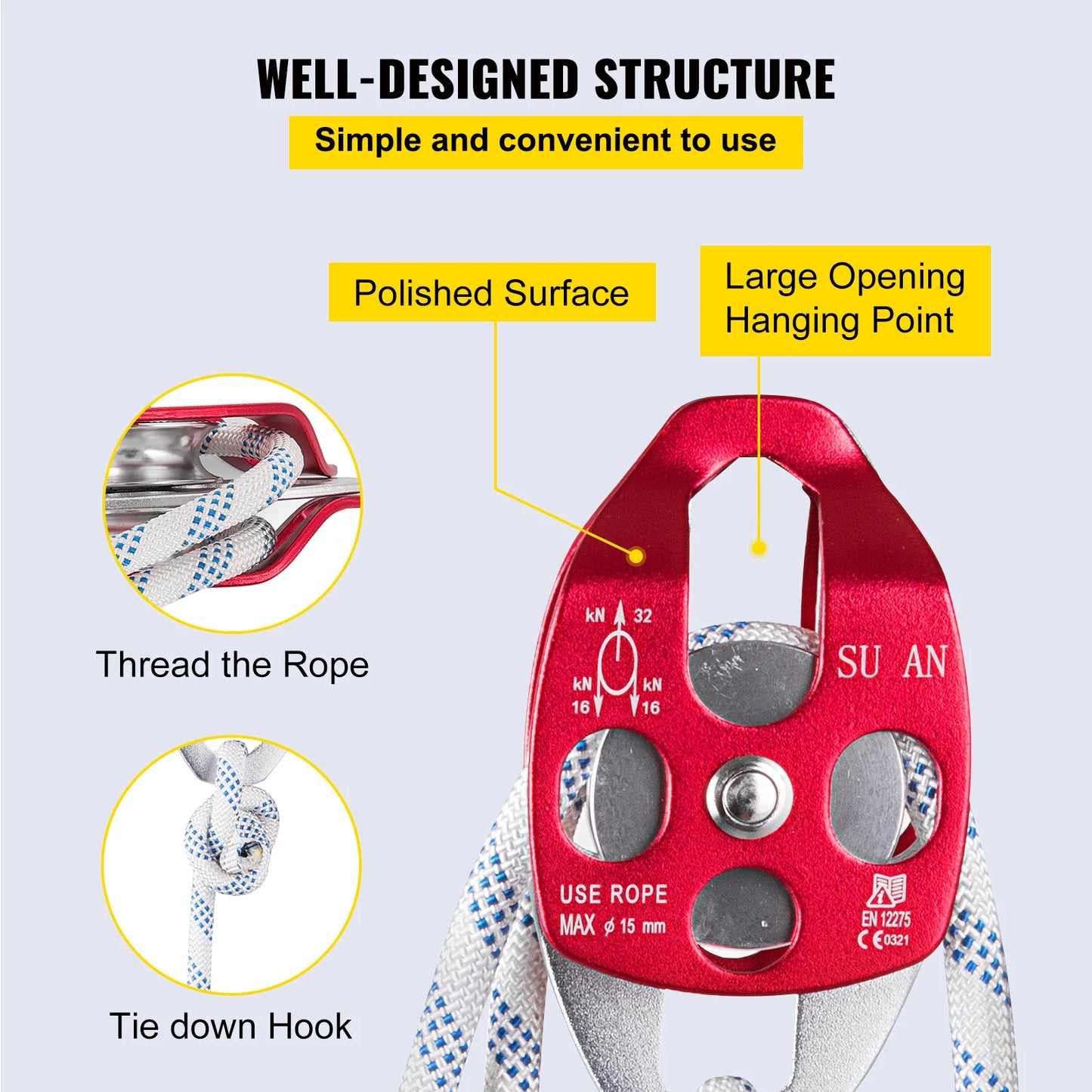 SucceBuy 6600lbs 7700lbs Twin Sheave Block and Tackle Heavy Duty Pulley 7/16InchDouble BraidRope for Outdoor Rescue TreeClimbing