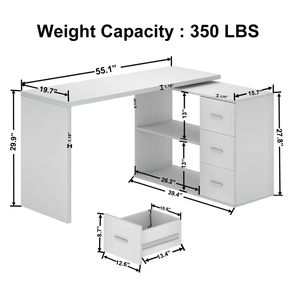 White L Shaped Desk with Drawers Shelves, 360 Rotating Office Computer Desk with Storage Cabinet, Corner Home, Customized
