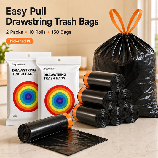Joybos Easy Pull Drawstring Trash Bags, Thickened PE Kitchen & Bathroom Garbage Bags, 2 Packs 150 Count