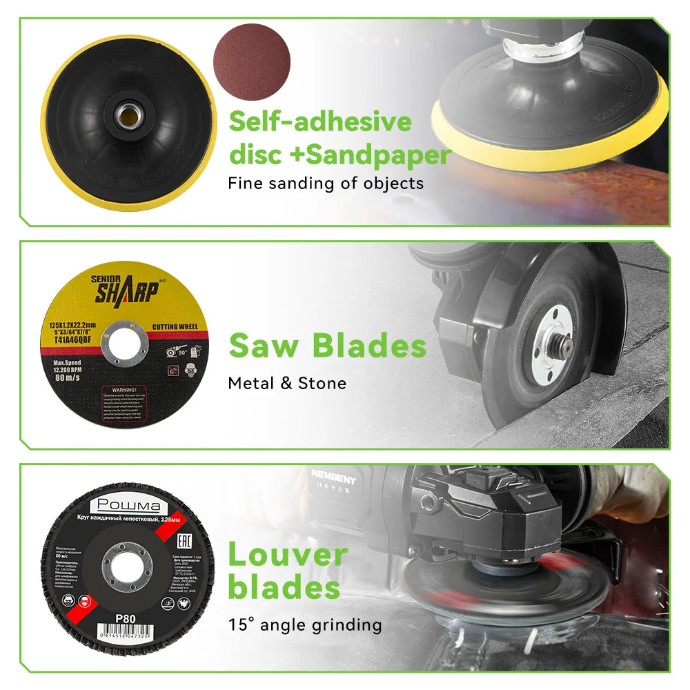 NEWBENY 3 Gears 125mm Brushless Cordless Electric Angle Grinder Woodworking Grinding Polisher Cutter Tool for Makita Battery Pin