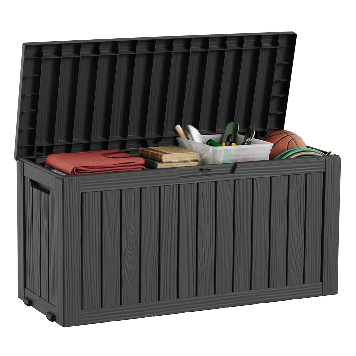 75 Gallon Black Outdoor Storage Box Waterproof Resin Deck Box with Wheels Lockable Patio Garden Storage Container for Cushions Tools Pool Supplies