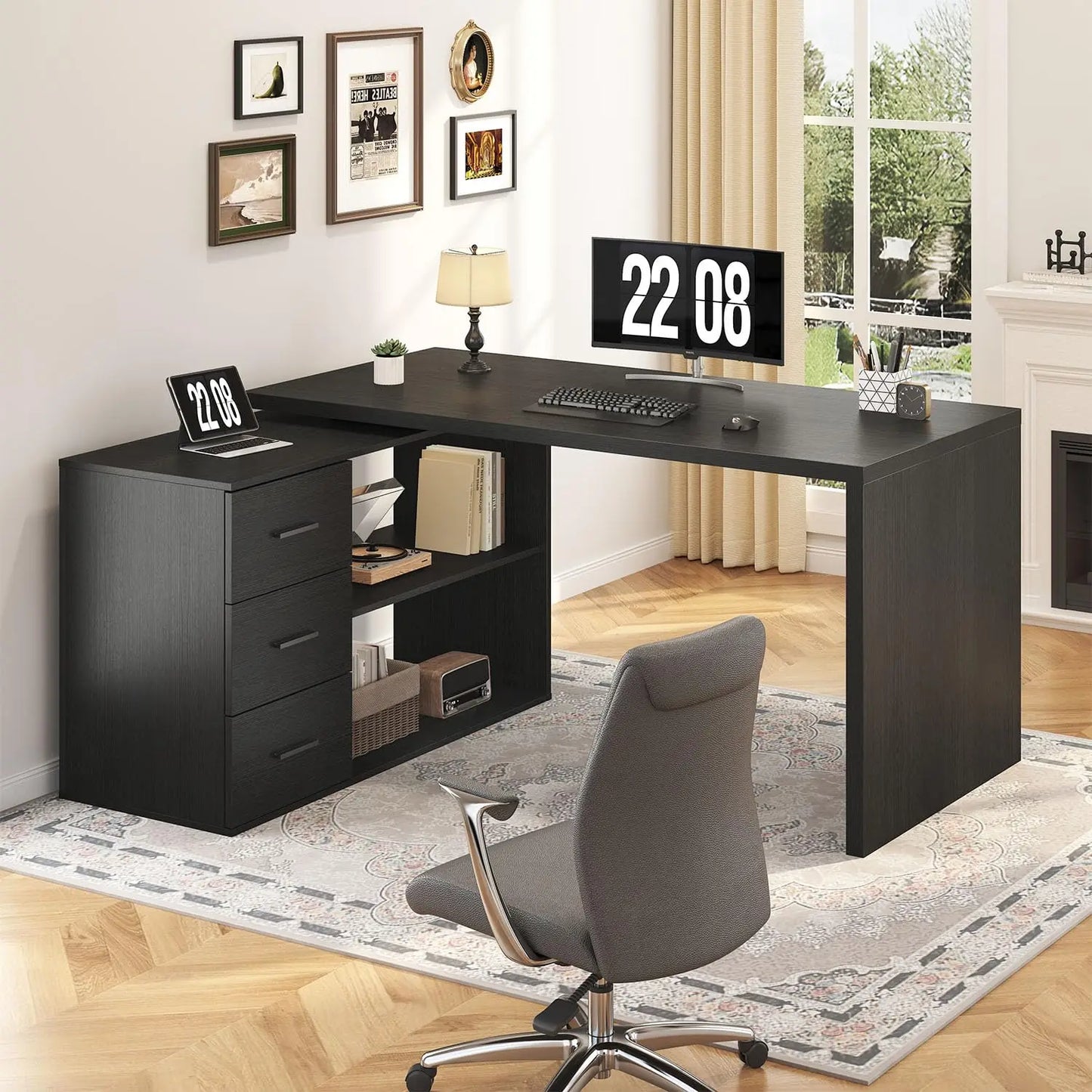 White L Shaped Desk with Drawers Shelves, 360 Rotating Office Computer Desk with Storage Cabinet, Corner Home, Customized