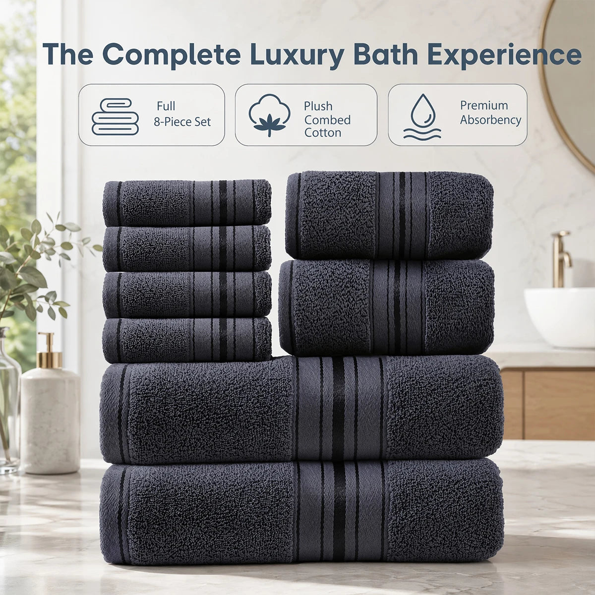 8 Piece Luxury Towel Set – Majestic Plush, Super Absorbent & Quicker-to-Dry, Thick 100% Ring Spun Cotton Towels for Bathroom, Spa & Hotel – 2 Bath, 2 Hand, 4 Washcloths