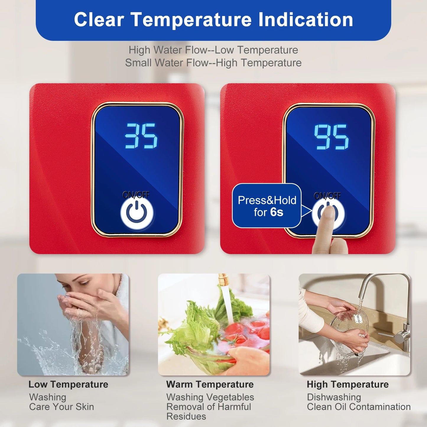 3000W Instant Water Heater 68-122℉ Kitchen Mini Electric Water Heater with Digital Display Red Tankless Water Heater