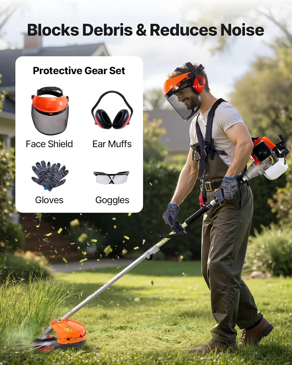 Gas Hedge Trimmer, 2 Cycle Gas Power Handheld Hedge Trimmer, 5-in-1 63cc Cordless Weed Eater with Protective Gear Set