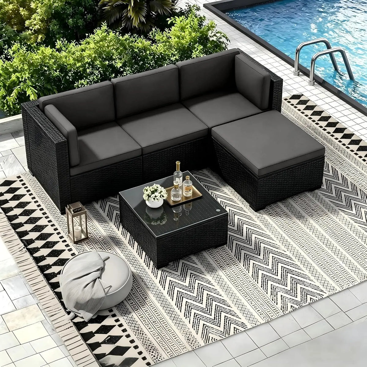 Outdoor All Weather Rattan 5 Piece Patio Sectional Sofa Set