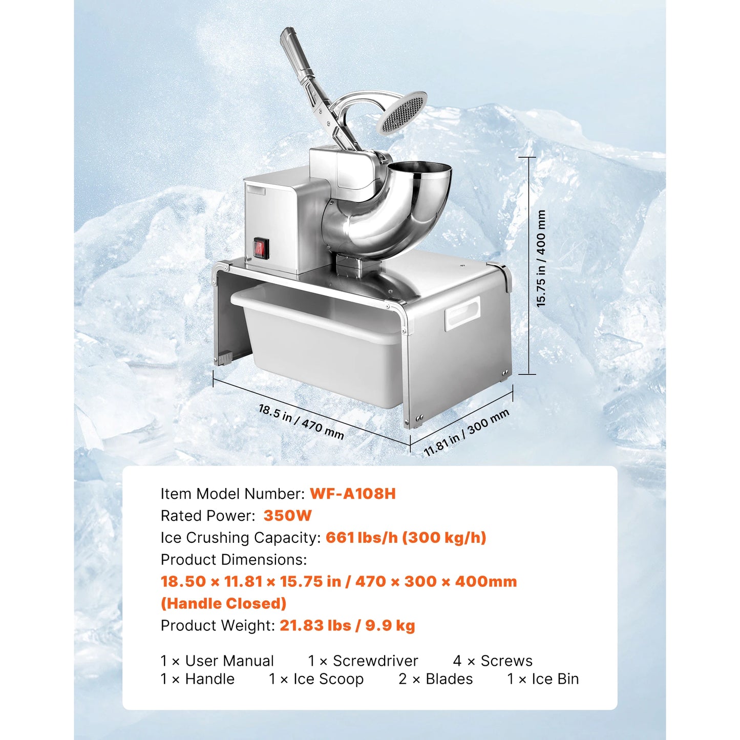 SucceBuy Ice Crusher Machine Stainless Steel Shaved Ice Machine with Bowl and Cover Ice-Shaver for Home and CommercialUse Silver