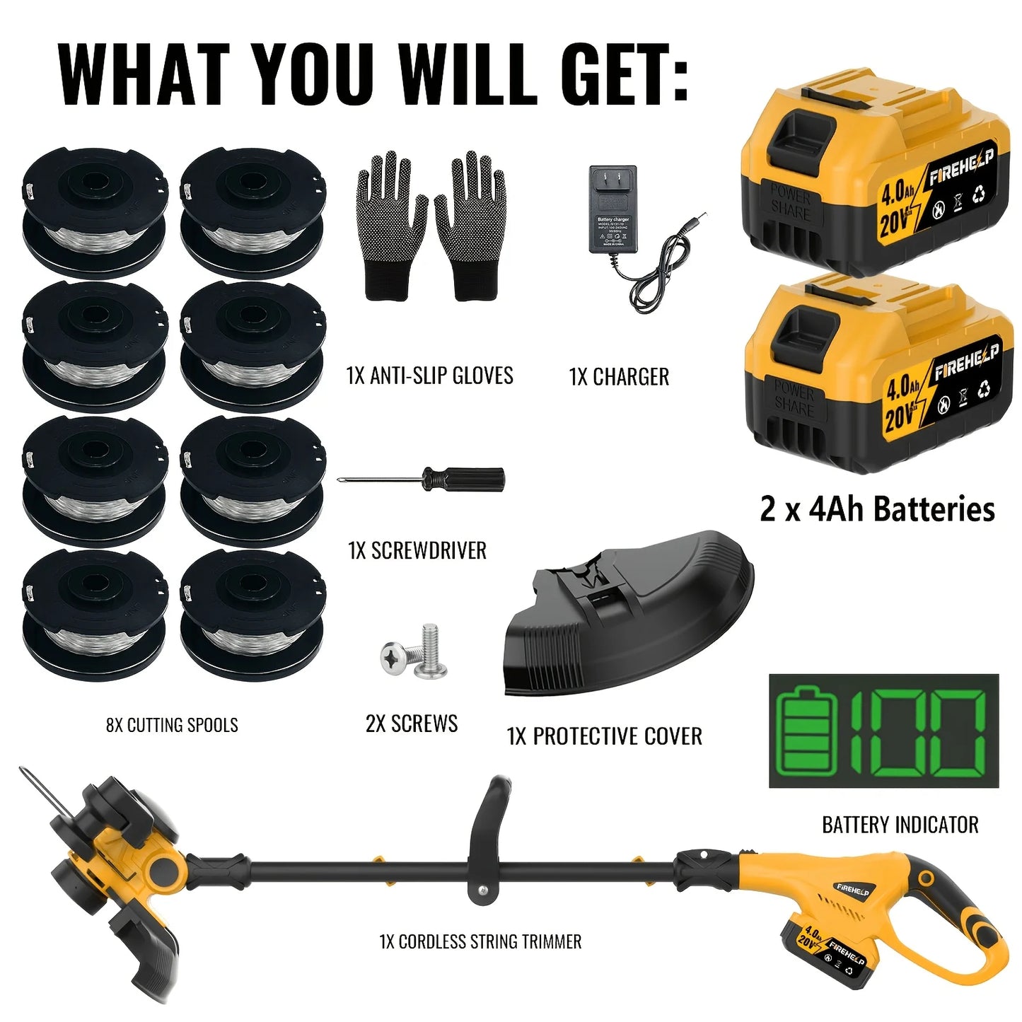 20000rpm Professional Grade Cordless String Trimmer, 2×4.0Ah Batteries with Fast Charger, 8 Spools Line & Edger Function, Yellow