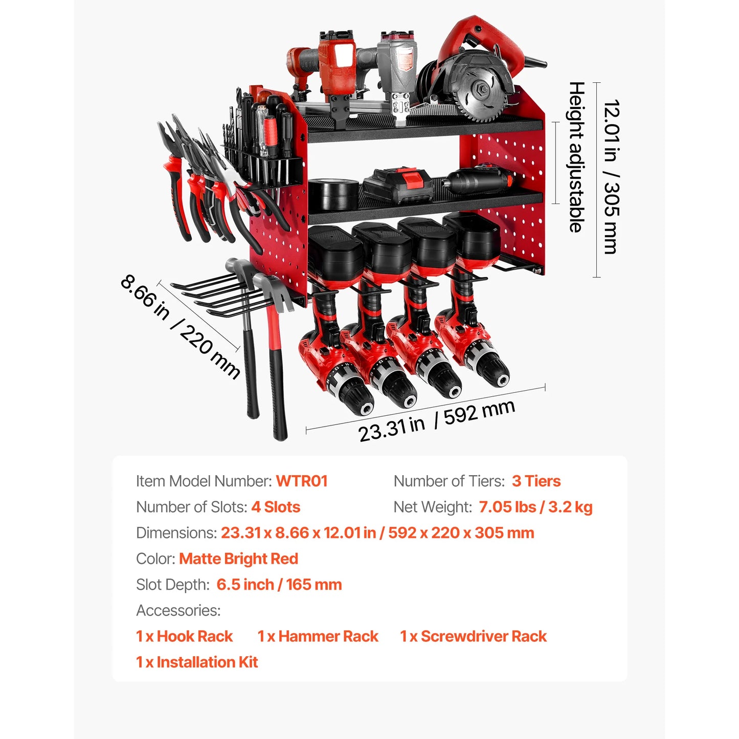 SucceBuy 3-Layer Power Tool Wall Mount Holder Pegboard Wall Storage Tool Set Drill Screwdriver Storage Rack for Workshop/Garage
