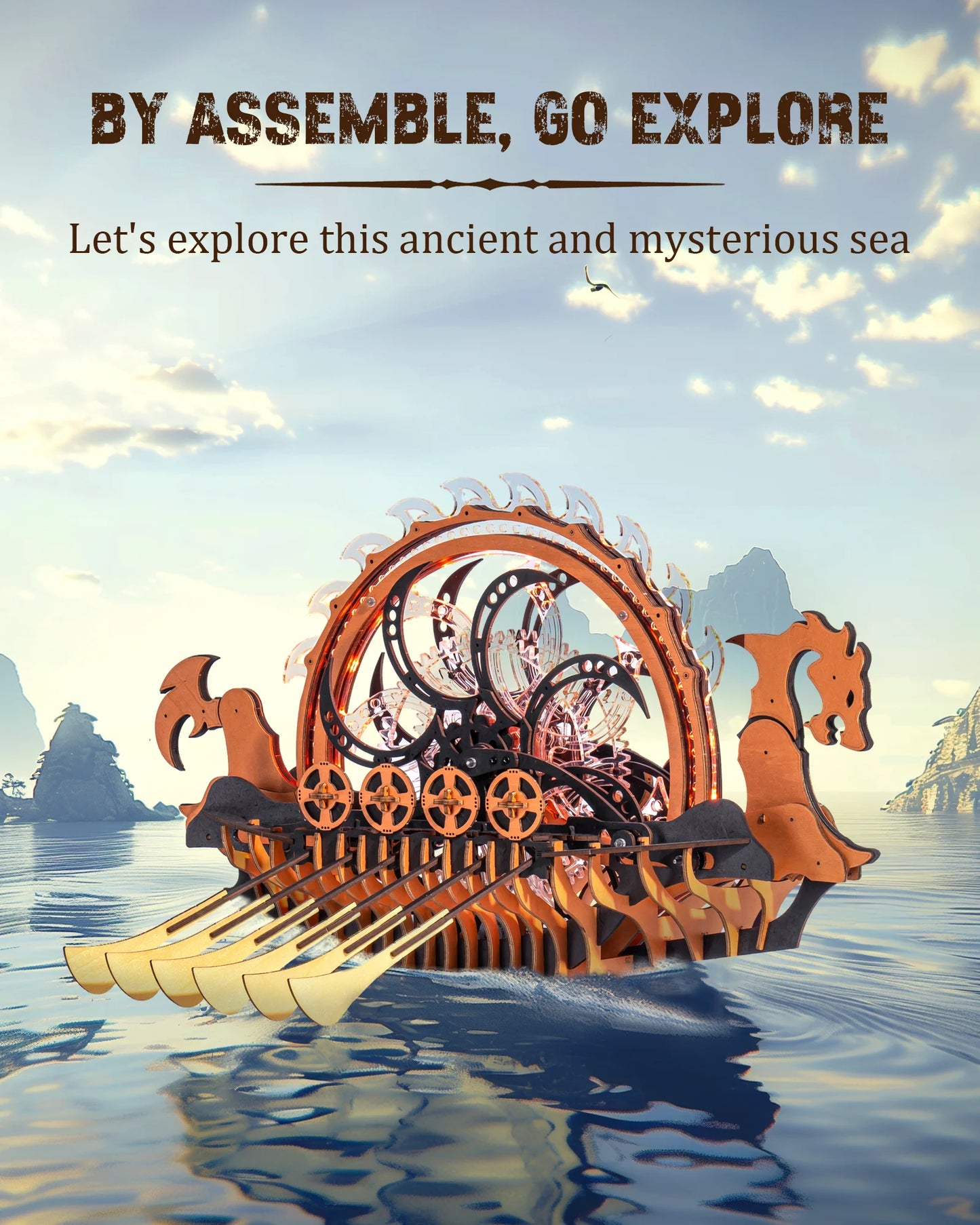 ROKR Wooden 3D Puzzle Viking Dragon Ship Mechanical Model Building Kit for Home Decor 229-Piece Puzzle Toy with LED Light for Bookshelf Decor Gift for Adults Kids